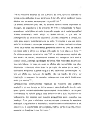 3
THC na maconha depende do solo cultivado, do clima, época da colheita e o
tempo entre a colheita e o uso, geralmente é de 4,5%, porém existe um tipo no
México, sem sementes, em que pode chegar até 24% 4
.
Os efeitos provocados pelo THC no sistema nervoso central dependem da
dosagem, da expectativa e do ambiente. O THC é metabolizado no fígado
gerando um metabólito mais potente que ele próprio, ele é muito lipossolúvel
ficando armazenado muito tempo no tecido adiposo, o que leva um
prolongamento do efeito neste organismo. Quando a maconha é fumada, seu
efeito pode ocorrer instantaneamente ou entre 10 minutos e seu pico ocorre
após 30 minutos de consumo por se concentrar no cérebro. Após 40 minutos e
1 hora seus efeitos vão amenizando, porém ele aparece na urina de semanas
há meses após o último uso, porque a liberação do meio adiposo é lenta 1,5
.
Os efeitos esperados provocados pelo THC no sistema nervoso central são:
leve estado de euforia, relaxamento, melhora da percepção para música,
paladar e sexo, prolonga a percepção de tempo, risos imotivados, devaneios e
fica mais falante. No resto do corpo os efeitos são: vermelhidão nos olhos
(hiperemia conjuntival), diminuição da produção de saliva (boca seca) e
taquicardia (frequência superior ou igual a 140 batimentos por minuto).O THC
tem um efeito que aumento de apetite. Não há registro de morte por
intoxicação por consumo de maconha, visto que sua dose letal é 1.000 vezes
maior que a usual 1,5,4
.
Consequências extremamentes negativas da maconha são: problema
respiratório por sua fumaça ser tóxica porque o valor de alcatrão é muito maior
que o cigarro, também contém benzopireno que é uma substancia cancerígena
e infertilidade no homem porque pode diminuir de 50 a 60% na produção de
testosterona. Em pessoas com quadros psiquiátricos pode exacerbar sua
patologia. Pode gerar a síndrome caracterizada por problemas de atenção e
motivação. Enquanto que a abstinência, observada em usuários crônicos e em
altas doses, é caracterizada por ansiedade, insônia, perda de apetite, eflexos
aumentados, bocejos e humor deprimido 1
.
 