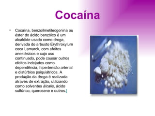Cocaína Cocaína, benzoilmetilecgonina ou éster do ácido benzóico é um alcalóide usado como droga, derivada do arbusto Erythroxylum coca Lamarck, com efeitos anestésicos e cujo uso continuado, pode causar outros efeitos indejados como dependência, hipertensão arterial e distúrbios psiquiátricos. A produção da droga é realizada através de extração, utilizando como solventes  álcalis , ácido sulfúrico, querosene e outros. [   