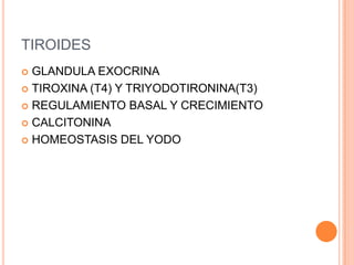 TIROIDESGLANDULA EXOCRINATIROXINA (T4) Y TRIYODOTIRONINA(T3)REGULAMIENTO BASAL Y CRECIMIENTOCALCITONINAHOMEOSTASIS DEL YODO