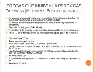 ·  DROGAS QUE INHIBEN LAS ACCIONES PERIFÉRICASDROGAS QUE DISMINUYEN LA SINTESIS DE HORMONAS TIROIDEASPERCLORATOEl perclorato afecta la habilidad de la glándula tiroides para incorporar yodo.muy tóxicoSe utiliza en pocas oportunidades con el fin de inhibir la recaptación y la consiguiente reutilización del yodoPosee a su vez un efecto bociógeno, dado que al no producirse la síntesis de hormonas aumenta la secreción de TSH.