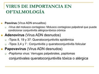 VIRUS DE IMPORTANCIA EN
OFTALMOLOGÍA
 Poxvirus (Virus ADN envueltos)
 -Virus del molusco contagioso: Molusco contagioso palpebral que puede
condicionar conjuntivitis alérgica-tóxica crónica
 Adenovirus (Virus ADN desnudos)
 -Tipos 8, 19 y 37: Queratoconjuntivitis epidémica
 -Tipos 3,4 y 7 : Conjuntivitis y queratoconjuntivitis folicular
 Papovavirus (Virus ADN desnudos)
 -Papiloma virus: Verrugas palpebrales, papilomas
conjuntivales queratoconjuntivitis tóxica o alérgica
 