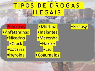 que passa a
•Euforia
Principais
•Anfetaminas
•Nicotina
•Crack
•Cocaina
•Heroina
•Morfina
•Inalantes
•Maconha
•Haxixe
•Lsd
•Cogumelos
•Ecstasy
T I P O S D E D R O G A S
I L E G A I S
 