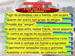 CAUSAS DA DEPENDÊNCIA
QUÍMICA
O QUE LEVA A PESSOA
A SE DROGAR ?
Fugir de problemas com a família, com os pais;
Querer ser aceito num grupo de amigos;
Pressão dos “amigos”;
Se sentir mais solto, menos tímido, iniciar paquera;
Ir contra as regras da sociedade;
Escapar de pensamentos e sentimentos ruins;
Ficar mais à vontade em festas e programas;
Experimentar sensações novas e gostosas;
Aumentar a criatividade, se conhecer melhor.
 