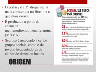 ORIGEM
• O ecstasy é a 3ª. droga ilícita
mais consumida no Brasil, e a
que mais cresce
• É produzido a partir da
chamada
metilenodioxidometanfetamina
(MDMA).
• Seu uso é associado a certos
grupos sociais, como o de
jovens frequentadores de
clubes de dança ou boates.
 