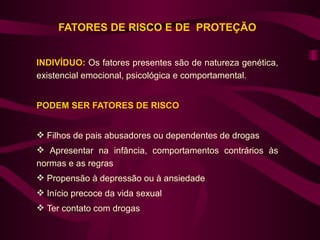 FATORES DE RISCO E DE PROTEÇÃO


INDIVÍDUO: Os fatores presentes são de natureza genética,
existencial emocional, psicológica e comportamental.


PODEM SER FATORES DE RISCO


 Filhos de pais abusadores ou dependentes de drogas
 Apresentar na infância, comportamentos contrários às
normas e as regras
 Propensão à depressão ou à ansiedade
 Início precoce da vida sexual
 Ter contato com drogas
 