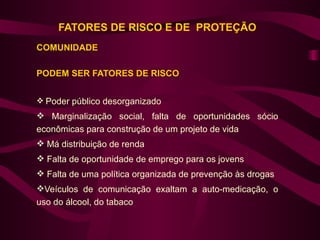 FATORES DE RISCO E DE PROTEÇÃO
COMUNIDADE

PODEM SER FATORES DE RISCO


 Poder público desorganizado
 Marginalização social, falta de oportunidades sócio
econômicas para construção de um projeto de vida
 Má distribuição de renda
 Falta de oportunidade de emprego para os jovens
 Falta de uma política organizada de prevenção às drogas
Veículos de comunicação exaltam a auto-medicação, o
uso do álcool, do tabaco
 