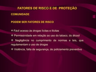 FATORES DE RISCO E DE PROTEÇÃO
COMUNIDADE

PODEM SER FATORES DE RISCO


 Fácil acesso às drogas lícitas e ilícitas

 Permissividade em relação ao uso do tabaco, do álcool
 Negligência no cumprimento de normas e leis, que
regulamentam o uso de drogas
 Violência, falta de segurança, de policiamento preventivo
 