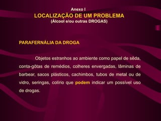 Anexo I
       LOCALIZAÇÃO DE UM PROBLEMA
               (Álcool e/ou outras DROGAS)




PARAFERNÁLIA DA DROGA


       Objetos estranhos ao ambiente como papel de sêda,
conta-gôtas de remédios, colheres envergadas, lâminas de
barbear, sacos plásticos, cachimbos, tubos de metal ou de
vidro, seringas, colírio que podem indicar um possível uso
de drogas.
 