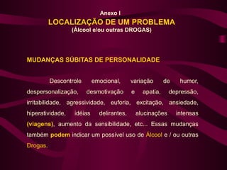 Anexo I
          LOCALIZAÇÃO DE UM PROBLEMA
                  (Álcool e/ou outras DROGAS)




MUDANÇAS SÚBITAS DE PERSONALIDADE


          Descontrole      emocional,      variação        de    humor,
despersonalização,      desmotivação       e     apatia,     depressão,
irritabilidade, agressividade, euforia, excitação, ansiedade,
hiperatividade,   idéias     delirantes,       alucinações      intensas
(viagens), aumento da sensibilidade, etc... Essas mudanças
também podem indicar um possível uso de Álcool e / ou outras
Drogas.
 
