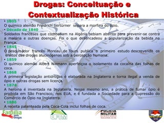 Drogas: Conceituação e
            Contextualização Histórica
●
  1805
O químico alemão Friedrich Sertürner separa a morfina do ópio.
●
  Década de 1840
Soldados franceses que combatiam na Algéria bebiam absinto para prevenir-se contra
a malária e outras doenças. Foi o que desencadeou a popularização da bebida na
França.
●
  1845
O pesquisador francês Moreau de Tours publica o primeiro estudo descrevendo os
 efeitos das drogas alucinógenas sob a percepção humana.
●
  1859
O químico alemão Albert Niemann aperfeiçoa o isolamento da cocaína das folhas de
coca.
●
  1868
A primeira legislação antidrogas é elaborada na Inglaterra e torna ilegal a venda de
ópio e outras drogas sem licença.
●
  1874
A heroína é inventada na Inglaterra. Nesse mesmo ano, a prática de fumar ópio é
proibida em São Francisco, nos EUA, e é fundada a Sociedade para a Supressão do
Comércio de Ópio na Inglaterra.
●
  1886
A receita patenteada pela Coca-Cola inclui folhas de coca.
 