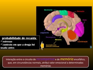 probabilidade de recaída
estresse
contexto em que a droga foi
usada antes



    interação entre o circuito de recompensa e de memória encefálico,
      que, em circunstâncias normais, atribui valor emocional a determinadas
                                     memórias
 