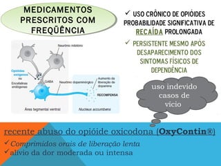 MEDICAMENTOS
     MEDICAMENTOS                uso crônico de opióides
    PRESCRITOS COM
    PRESCRITOS COM              probabilidade significativa de
      FREQÜÊNCIA
      FREQÜÊNCIA                   recaída prolongada
                                 persistente mesmo após
                                    desaparecimento dos
                                     sintomas físicos de
                                         dependência

                                         uso indevido
                                           casos de
                                             vício


recente abuso do opióide oxicodona (OxyContin®)
Comprimidos orais de liberação lenta
alívio da dor moderada ou intensa
 