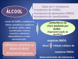 Ação em ≠ receptores
                               •receptores de GABAA
 álcool                        •receptores de glutamato NMDA
                               •receptores de canabinóides
canais de GABAA medeiam os
                                           condutância ao
                                           condutância ao
efeitos ansiolíticos e sedativos         cloro mediada por
                                         cloro mediada por
   do álcool, efeitos sobre
                                              GABA
                                               GABA
    coordenação motora,
                                          (hiperpolarização do
                                           (hiperpolarização do
     memória, tolerância,                       neurônio)
                                                 neurônio)
   dependência e a auto-
       administração.
                                         receptores NMDA
                                     álcool    inibição subtipos de

                                                 receptores NMDA

                                   desenvolvimento de tolerância e
 