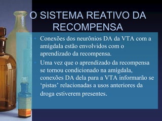O SISTEMA REATIVO DA
RECOMPENSA
• Conexões dos neurônios DA da VTA com a
amígdala estão envolvidos com o
aprendizado da recompensa.
• Uma vez que o aprendizado da recompensa
se tornou condicionado na amígdala,
conexões DA dela para a VTA informarão se
‘pistas’ relacionadas a usos anteriores da
droga estiverem presentes.
 
