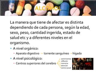 La manera que tiene de afectar es distinta
dependiendo de cada persona, según la edad,
sexo, peso, cantidad ingerida, estado de
salud etc y a diferentes niveles en el
organismo.
 A nivel orgánico:
  ▪ Aparato digestivo   torrente sanguíneo           hígado
 A nivel psicológico:               sentimientos
                                     reflexión
  ▪ Centros superiores del cerebro   memoria
                                     atención
                                     centro social
 
