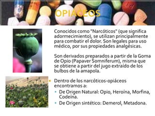 Conocidos como "Narcóticos" (que significa
    adormecimiento), se utilizan principalmente
    para combatir el dolor. Son legales para uso
    médico, por sus propiedades analgésicas.
    Son derivados preparados a partir de la Goma
    de Opio (Papaver Somniferum), misma que
    se obtiene a partir del jugo extraído de los
    bulbos de la amapola.
   Dentro de los narcóticos-opiáceos
    encontramos a:
     De Origen Natural: Opio, Heroína, Morfina,
      Codeína.
     De Origen sintético: Demerol, Metadona.
 