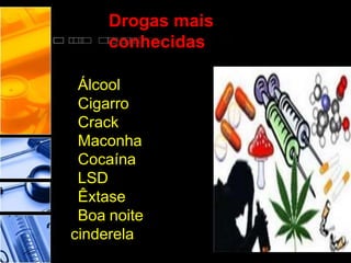 Drogas mais
conhecidas
Álcool
Cigarro
Crack
Maconha
Cocaína
LSD
Êxtase
Boa noite
cinderela
 