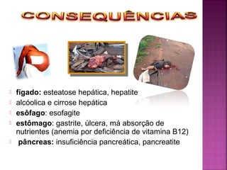  fígado: esteatose hepática, hepatite
 alcóolica e cirrose hepática
 esôfago: esofagite
 estômago: gastrite, úlcera, má absorção de
nutrientes (anemia por deficiência de vitamina B12)
 pâncreas: insuficiência pancreática, pancreatite
 
