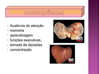  Ausência de atenção
 memória
 aprendizagem
 funções executivas,
 tomada de decisões
 concentração
 