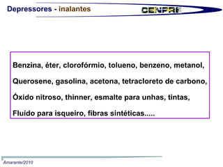 Benzina, éter, clorofórmio, tolueno, benzeno, metanol, Querosene, gasolina, acetona, tetracloreto de carbono, Óxido nitroso, thinner, esmalte para unhas, tintas, Fluído para isqueiro, fibras sintéticas.....   Depressores -  inalantes Amarante/2010 