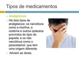 Tipos de medicamentosAnalgésicos Há dois tipos de analgésicos: os narcóticos como a morfina, a codeína e outros opiáceos provindos do ópio da papoila; e os não narcóticos como o paracetamol, que tem uma origem diferente.  Aliviam as dores.