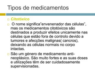 Tipos de medicamentosCitotóxico    O nome significa”envenenador das células”, mas os medicamentos citotóxicos são destinados a produzir efeitos unicamente nas células que estão fora de controlo devido a tumores e afecções malignas( cancros), deixando as células normais no corpo intactas.São um género de medicamento anti-neoplásico. São muito fortes e as suas doses e utilizações têm de ser cuidadosamente supervisionadas.