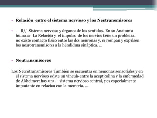 Relación  entre el sistema nervioso y los Neutransmisores    R//  Sistema nervioso y órganos de los sentidos.  En su Anatomía humana   La Relacióny  el impulso  de los nervios tiene un problema: no existe contacto físico entre las dos neuronas y, se rompan y expulsen los neurotransmisores a la hendidura sináptica. ...NeutransmisoresLos Neurotransmisores  También se encuentra en neuronas sensoriales y en el sistema nervioso existe un vínculo entre la acepticolina y la enfermedad de Alzheimer: hay una ... sistema nervioso central, y es especialmente importante en relación con la memoria. ...