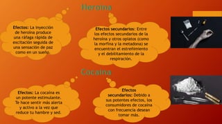 Efectos: La inyección
de heroína produce
una ráfaga rápida de
excitación seguida de
una sensación de paz
como en un sueño.
Efectos secundarios: Entre
los efectos secundarios de la
heroína y otros opiatos (como
la morfina y la metadona) se
encuentran el estreñimiento
y el debilitamiento de la
respiración.
Efectos: La cocaína es
un potente estimulante.
Te hace sentir más alerta
y activo a la vez que
reduce tu hambre y sed.
Efectos
secundarios: Debido a
sus potentes efectos, los
consumidores de cocaína
con frecuencia desean
tomar más.
 
