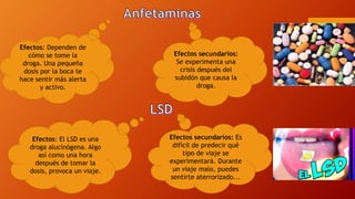 Efectos secundarios:
Se experimenta una
crisis después del
subidón que causa la
droga.
Efectos secundarios: Es
difícil de predecir qué
tipo de viaje se
experimentará. Durante
un viaje malo, puedes
sentirte aterrorizado...
Efectos: Dependen de
cómo se tome la
droga. Una pequeña
dosis por la boca te
hace sentir más alerta
y activo.
Efectos: El LSD es una
droga alucinógena. Algo
así como una hora
después de tomar la
dosis, provoca un viaje.
 