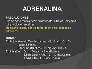 ADRENALINAPRECAUCIONES: No se debe mezclar con bicarbonato, nitratos, lidocaína u otra  solución alcalina.No usar si la solución se torna de un color rosáceo o parduzco.DOSIS:	En bolos: Arresto Cardiaco.-1 mg diluido en 10cc EV 		     cada 3-5 min.                 Shock Anafiláctico.- 0.1 mg /Kg  c/3 – 5’En infusión:    Dosis Beta.- 1 - 2 ug/Kg/min		            Dosis Beta y Alfa.-  2 – 10 mu/Kg/min		            Dosis Alfa.-  > 10 ug/ Kg/min