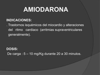 AMIODARONAINDICACIONES:. Trastornos isquémicos del miocardio y alteraciones   del   ritmo   cardiaco  (arritmias supraventriculares  generalmente).DOSIS: De carga : 5 – 10 mg/Kg durante 20 a 30 minutos.