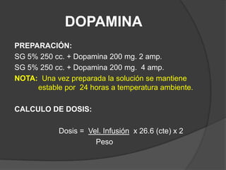 DOPAMINAPREPARACIÓN:SG 5% 250 cc. + Dopamina 200 mg. 2 amp.SG 5% 250 cc. + Dopamina 200 mg.  4 amp.NOTA:  Una vez preparada la solución se mantiene  	 estable por  24 horas a temperatura ambiente.CALCULO DE DOSIS:			Dosis =  Vel. Infusión  x 26.6 (cte) x 2Peso 