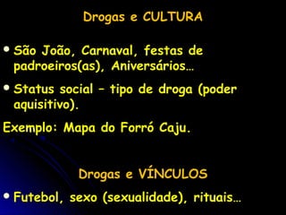 Drogas e CULTURA
São João, Carnaval, festas de
padroeiros(as), Aniversários…
Status social – tipo de droga (poder
aquisitivo).
Exemplo: Mapa do Forró Caju.
Drogas e VÍNCULOS
Futebol, sexo (sexualidade), rituais…
 