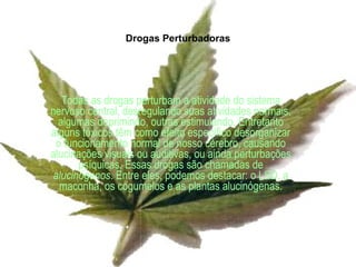 Drogas Perturbadoras Todas as drogas perturbam a atividade do sistema nervoso central, desregulando suas atividades normais, algumas deprimindo, outras estimulando. Entretanto alguns tóxicos têm como efeito específico desorganizar o funcionamento normal de nosso cérebro, causando alucinações visuais ou auditivas, ou ainda perturbações psíquicas. Essas drogas são chamadas de  alucinógenos . Entre eles, podemos destacar: o LSD, a maconha, os cogumelos e as plantas alucinógenas. 