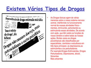 Existem Vários Tipos de Drogas As Drogas tóxicas agem de várias maneiras sobre o nosso sistema nervoso central, interferindo no funcionamento normal de nossas atividades físico - mentais, diminuindo, perturbando ou estimulando essas atividades. De acordo com ação, que têm sobre as funções de nosso cérebro e sobre todas as nossas ações. Muitas vezes as drogas psicotrópicas são classificadas por especialistas, cientistas e estudiosos em três tipos principais: as depressoras,as estimulantes e as perturbadoras. Por exemplo:Drogas Estimulantes, Drogas Perturbadoras, Depressores, álcool, Solventes Mais atraentes 