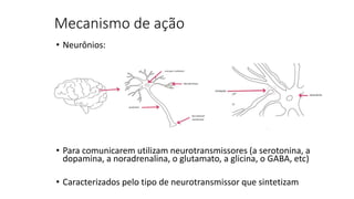 Mecanismo de ação 
• Neurônios: 
• Para comunicarem utilizam neurotransmissores (a serotonina, a 
dopamina, a noradrenalina, o glutamato, a glicina, o GABA, etc) 
• Caracterizados pelo tipo de neurotransmissor que sintetizam 
 