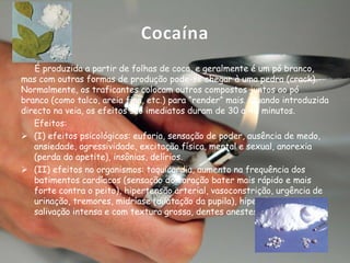 Cocaína
É produzida a partir de folhas de coca, e geralmente é um pó branco,
mas com outras formas de produção pode-se chegar à uma pedra (crack).
Normalmente, os traficantes colocam outros compostos juntos ao pó
branco (como talco, areia fina, etc.) para “render” mais. Quando introduzida
directo na veia, os efeitos são imediatos duram de 30 a 40 minutos.
Efeitos:
 (I) efeitos psicológicos: euforia, sensação de poder, ausência de medo,
ansiedade, agressividade, excitação física, mental e sexual, anorexia
(perda do apetite), insônias, delírios.
 (II) efeitos no organismos: taquicardia, aumento na frequência dos
batimentos cardíacos (sensação do coração bater mais rápido e mais
forte contra o peito), hipertensão arterial, vasoconstrição, urgência de
urinação, tremores, midríase (dilatação da pupila), hiperglicemia, suor e
salivação intensa e com textura grossa, dentes anestesiados.

 