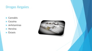 Drogas Ilegales
 Cannabis
 Cocaína
 Anfetaminas
 Heroína
 Éxtasis
 