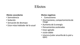 Efectos
Efectos secundarios
• Somnolencia
• Sedación
• Sensación de desmayo
• Estar máas hablador de lo usual
Efectos negativos
• Convulsiones
• Alucinaciones, comportamiento de
riesgo
• Aumento de la energía
• Pensamientos acelerados
• Estar agitado
• visión doble
• Ictericia (color amarillo de la piel u
ojos).
 