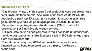 DROGAS LICÍTAS
Das drogas lícitas, a mais usada é o álcool, aliás essa é a droga mais
consumida em todo mundo. No Brasil, apenas cerca de 21,4% da
população a partir de 15 anos nunca consumiu álcool, e estima-se
globalmente que 43% da população possui o hábito de beber.
Segundo a organização mundial de saúde (OMS), o álcool é
responsável por 3 milhões de mortes por ano.
O Brasil está entre os dez países que mais consomem fármacos no
mundo e possuímos uma farmácia para cada 3.300 habitantes, o que
é um número bem alto.
Durante uma pesquisa, 76% do entrevistados admitiram se
automedicar se baseando em dicas de amigos, familiares e
conhecidos.
 