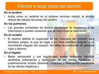 Problemas en la comunidad NM3 Biología
Efectos a largo plazo del alcohol
En el cerebro
• Actúa como un sedante en el sistema nervioso central, el alcohol
reduce las células nerviosas del cerebro.
En los pulmones
• Las grandes cantidades de alcohol disminuyen la resistencia a las
infecciones o pueden ocasionar que se interrumpa la respiración.
En el corazón
• El alcohol debilita la capacidad de los músculos del corazón para
bombear sangre, lo que da lugar a un ritmo cardiaco irregular y un
movimiento irregular del corazón. Se inhibe la producción de glóbulos
rojos y blancos.
En el hígado
• Beber demasiado y con regularidad, puede ocasionar hepatitis
alcohólica (inflamación y destrucción de las células hepáticas) y
posteriormente cirrosis (lesiones, cicatrices y destrucción irreversible
de las células hepáticas.)
 