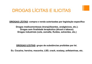 DROGAS LÍCITAS E ILICITAS
DROGAS LÍCITAS: compra e venda autorizadas por legislação específica
Drogas medicamentosas (tranqüilizantes, analgésicos, etc.);
Drogas sem finalidade terapêutica (álcool e tabaco);
Drogas industriais (cola, esmalte, fluídos, solventes, etc.)
DROGAS ILÍCITAS: grupo de substâncias proibidas por lei.
Ex. Cocaína, heroína, maconha, LSD, crack, ecstasy, anfetaminas, etc.
 