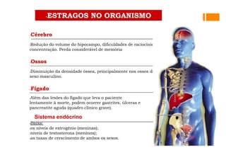 •ESTRAGOS NO ORGANISMO
•Cérebro
•Redução do volume do hipocampo, dificuldades de raciocínio e
concentração. Perda considerável de memória
•Ossos
•Diminuição da densidade óssea, principalmente nos ossos do
sexo masculino.
•Fígado
•Além das lesões do fígado que leva o paciente
lentamente à morte, podem ocorrer gastrites, úlceras e
pancreatite aguda (quadro clínico grave).
•Sistema endócrino
•Baixa:
•os níveis de estrogênio (meninas);
•níveis de testosterona (meninos);
•as taxas de crescimento de ambos os sexos.
 