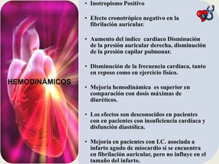 • Inotropismo Positivo

• Efecto cronotrópico negativo en la
fibrilación auricular.
• Aumento del índice cardíaco Disminución
de la presión auricular derecha, disminución
de la presión capilar pulmonar.
• Disminución de la frecuencia cardíaca, tanto
en reposo como en ejercicio físico.

HEMODINÁMICOS

• Mejoría hemodinámica es superior en
comparación con dosis máximas de
diuréticos.
• Los efectos son desconocidos en pacientes
con en pacientes con insuficiencia cardíaca y
disfunción diastólica.
• Mejoría en pacientes con I.C. asociada a
infarto agudo de miocardio si se encuentra
en fibrilación auricular, pero no influye en el
tamaño del infarto.

 