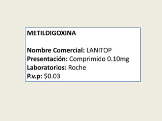 METILDIGOXINA
Nombre Comercial: LANITOP
Presentación: Comprimido 0.10mg
Laboratorios: Roche
P.v.p: $0.03

 