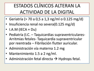 ESTADOS CLÍNICOS ALTERAN LA
ACTIVIDAD DE LA DIGITAL
•
•
•
•

Geriatría (> 70 a 0,5 a 1,3 ng/ml o 0.125 mg/d)
Insuficiencia renal no severa(0.125 mg/d)
I.A.M (IECA + Du)
Pediatría (I.C. – Taquicardias supraventricularesArritmias fetales- Taquicardia supraventricular
por reentrada – Fibrilación flutter auricular.
• Administración vía materna 1.2 mg
• Mantenimiento 1.5 a 2 ng/ml.
• Administración fetal directa  Hydrops fetal.

 
