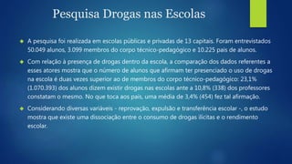 Pesquisa Drogas nas Escolas 
 A pesquisa foi realizada em escolas públicas e privadas de 13 capitais. Foram entrevistados 
50.049 alunos, 3.099 membros do corpo técnico-pedagógico e 10.225 pais de alunos. 
 Com relação à presença de drogas dentro da escola, a comparação dos dados referentes a 
esses atores mostra que o número de alunos que afirmam ter presenciado o uso de drogas 
na escola é duas vezes superior ao de membros do corpo técnico-pedagógico: 23,1% 
(1.070.393) dos alunos dizem existir drogas nas escolas ante a 10,8% (338) dos professores 
constatam o mesmo. No que toca aos pais, uma média de 3,4% (454) fez tal afirmação. 
 Considerando diversas variáveis - reprovação, expulsão e transferência escolar -, o estudo 
mostra que existe uma dissociação entre o consumo de drogas ilícitas e o rendimento 
escolar. 
 