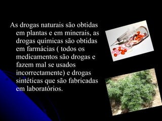 As drogas naturais são obtidas
 em plantas e em minerais, as
 drogas químicas são obtidas
 em farmácias ( todos os
 medicamentos são drogas e
 fazem mal se usados
 incorrectamente) e drogas
 sintéticas que são fabricadas
 em laboratórios.
 
