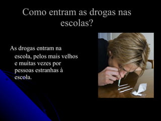 Como entram as drogas nas
            escolas?

As drogas entram na
 escola, pelos mais velhos
 e muitas vezes por
 pessoas estranhas à
 escola.
 