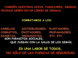 TAMBIÉN NUESTROS HIJOS, FAMILIARES, AMIGOS, VECINOS DEBEN ESTAR LIBRES DE DROGAS.     COMBATAMOS A LOS:   CAMELLOS  DISTRIBUIDORES,  PLANTADORES, CORRUPTOS,  INCITADORES,  PROPAGADORES EXAGETAS,  DROGADICTOS,  ETC, ETC.   ES UNA LABOR DE TODOS,   NO SÓLO DE LAS FUERZAS DE SEGURIDAD. SON PARASITOS SOCIALES,  QUE JUEGAN CON LA SALUD DE LOS DEMÁS. 